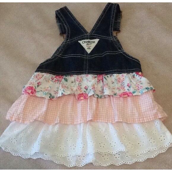 OshKosh Girls Denim Blue Jean Jumper Dress Overalls Layered Skirt 18mths Vestbak - Picture 2 of 6